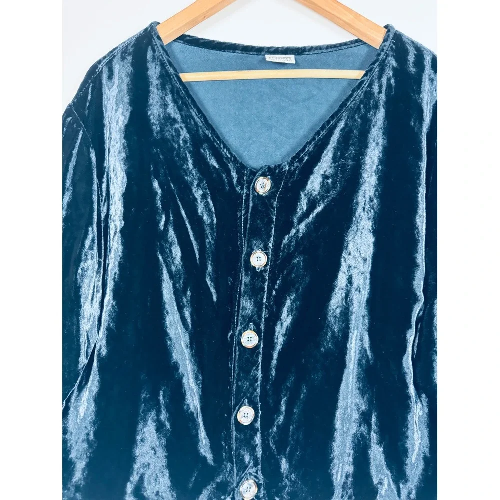 CP Shades SF Velvet Shirt Women Small Blue Rayon V Neck Button Front Boxy Top